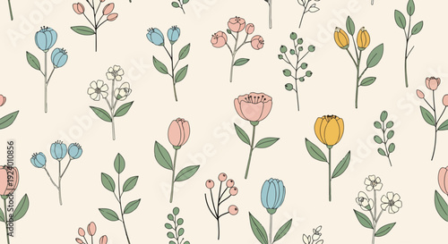 Elegant botanical pattern featuring pastel florals and flowing organic leaf arrangements
