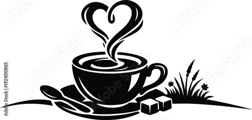 Romantic Coffee Cup with Heart Steam, Black and White Vector Silhouette Illustration.