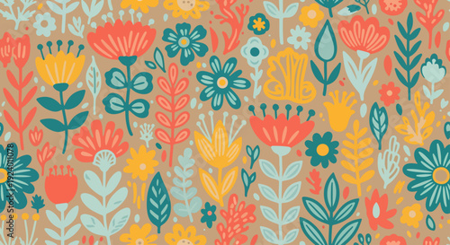 Cozy botanical pattern with stylized flowers, leafy stems, and muted pastel color harmony