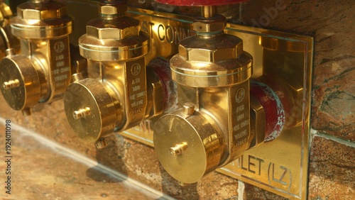 Inspecting brass pipe connectors, maintenance inspector examining corrosion on brass standpipe connectors, detail shot of brass pipe inlet and fire inspector checking seals against marble surface