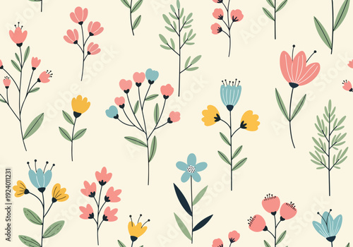 Vintage inspired floral background featuring soft colors, playful flowers, and organic foliage shapes