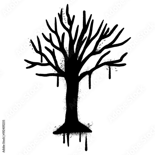 Black silhouette of a leafless dead tree in spray paint graffiti style on white background.
