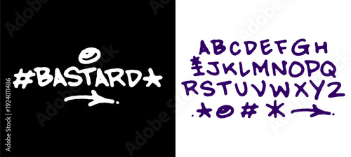 Bastard Style Graffiti Alphabet Set. Bold Purple Urban Lettering Collection on Black Background for Modern Street Art Design.