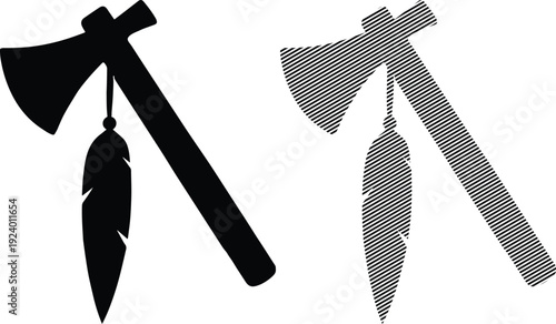 Tomahawk with Feather Black Gray white background