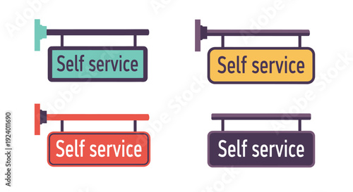 Four self service signs in different colors and orientations