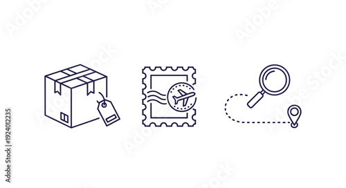 Package tracking and delivery icons with airplane stamp and map pin.