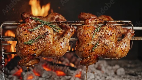 Juicy chicken rotisserie cooking on a grill with rosemary and spices.