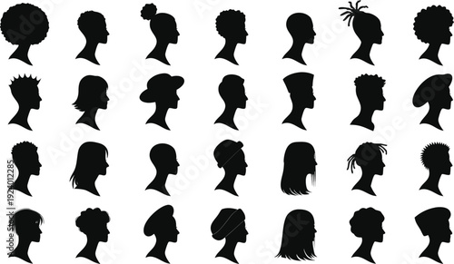 Silhouette Profiles Diverse Hairstyles, People Silhouettes, Vector Set