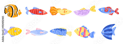 Fish kawaii set with cute children swordfish and underwater aquarium reef. Sea clipart eel with hook puffer squid and vector animal fauna. Illustration ocean fish with chest childlike cute.