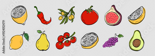 Fruit vegetables illustration and tomato doodle line with pepper berry mediterranean. Olive outline italian and avocado fig linear with vector blue icon. Sketch fruit pear and drawn tomato