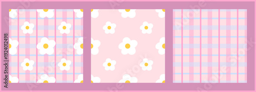 Flower cute seamless and pattern gingham floral with set kawaii small. Check spring daisy and print easter pink with girl botanical textile. Background flower plaid and stripe pattern summer