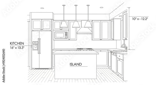 Modern Kitchen Design Blueprint with Island and Appliances.