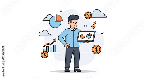 Businessman Analyzing Financial Data with Digital Charts and Icons