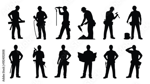 Silhouettes of construction workers in various poses with tools illustrating labor and industry concepts on a white background