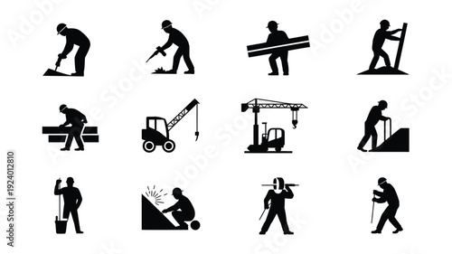 Construction workers in various actions with equipment and machinery black silhouettes on white background labor and industry icons