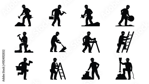 Construction workers in various tasks and poses silhouettes of laborers with tools and equipment