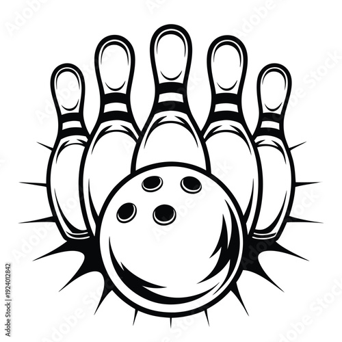 Five bowling pins stand tall behind a bowling ball in a vector