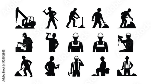 Construction workers in various actions with tools and machinery in black silhouettes on white background