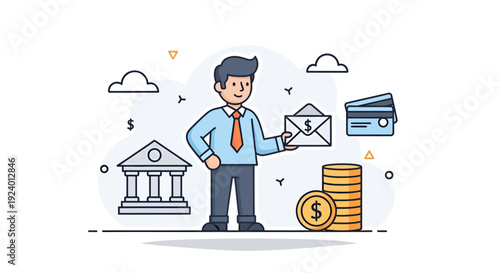 Businessman Sending Email with Financial and Banking Icons