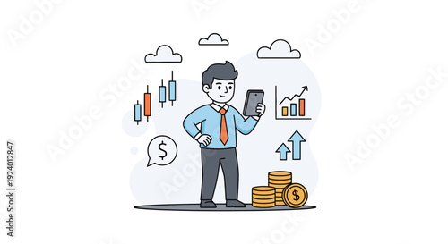 Businessman Analyzing Financial Data With Smartphone and Charts