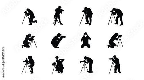 Photographers at work in various poses and positions with cameras and tripods on white background