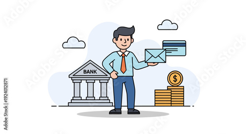 Businessman Sending Digital Financial Transactions Near Bank