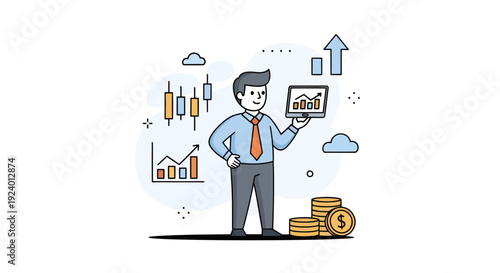 Businessman Analyzing Financial Data with Growth Charts and Coins