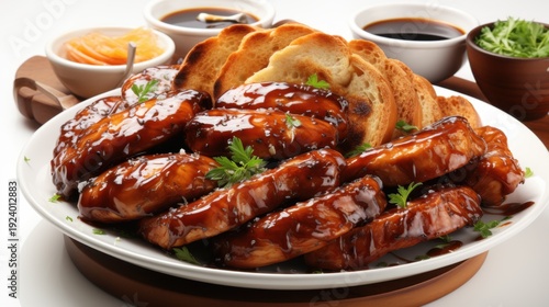 Delicious glazed chicken with bread slices