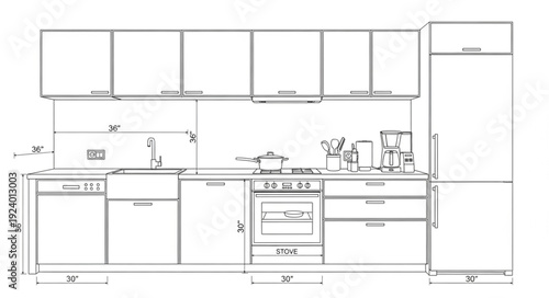 Modern Kitchen Design Blueprint with Appliances and Cabinets.