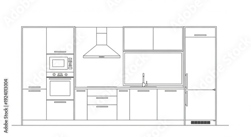 Modern Kitchen Design Blueprint with Appliances and Cabinets.