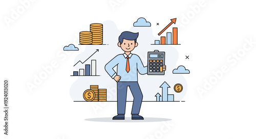 Businessman Analyzing Financial Growth With Calculator And Charts