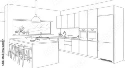 Modern Kitchen Design Blueprint Sketch.