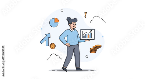 Businesswoman Analyzing Financial Data with Charts and Coins
