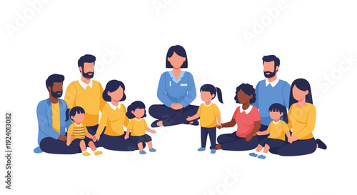 Diverse Families and Children Group with Teacher or Caregiver Sitting Together - Community Support and Education
