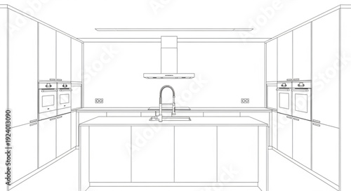 Modern Kitchen Design Blueprint Sketch with Island and Appliances.