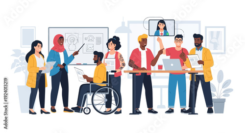 Inclusive Business Meeting: Diverse Team Collaboration in a Modern Office with Hybrid Work Elements