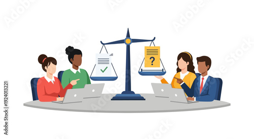 Business Team Evaluating Legal Options and Outcomes with Scales of Justice. Decision Making and Contract Analysis.