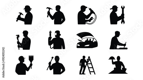 Silhouettes of construction workers with various tools and equipment on white background