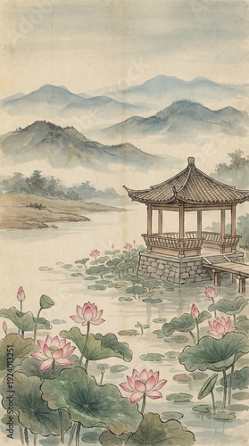 Lotus pond in summer, pink lotus flowers blooming, pavilion by the water, distant misty mountains, elegant shan shui watercolor style
