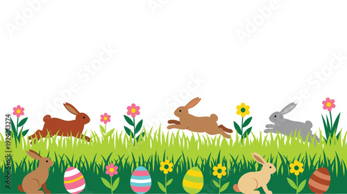 A colorful Easter scene with bunnies and eggs in a grassy field
