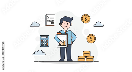 Businessman Calculating Financial Data with Coins and Documents