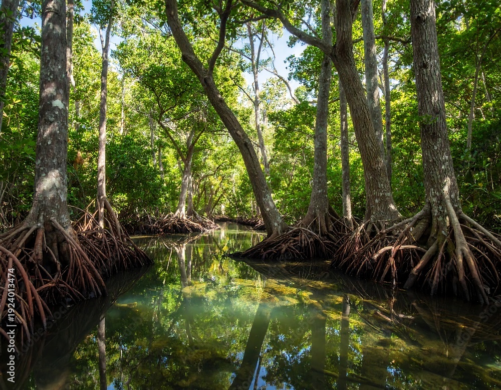 Fototapeta premium Tranquil Mangrove Forest Reflection in Water with Exposed Root Systems and Lush Greenery
