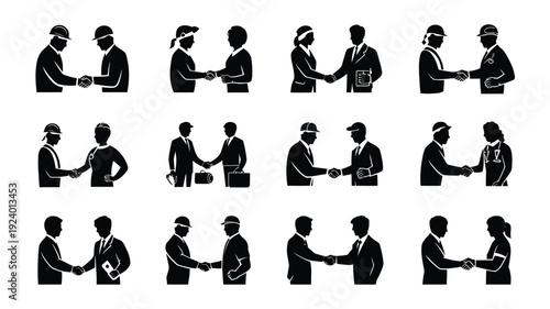 Variety of people shaking hands in different business and professional settings with various accessories