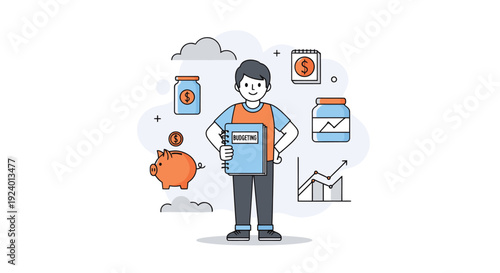 Young Man Using Financial Apps with Cloud Data and Growth Charts