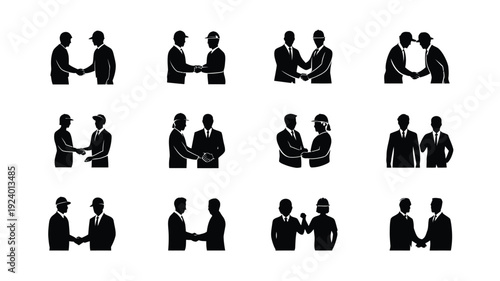 Black silhouettes of business people shaking hands greeting and interacting in various professional settings and poses