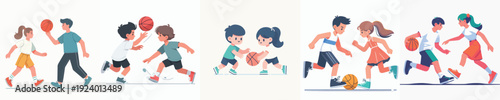 Vector Illustration of Kids Playing Basketball