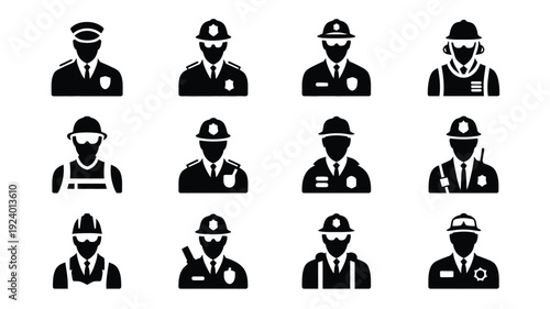 Collection of 12 black silhouette icons of various professionals in uniform and safety gear on white background