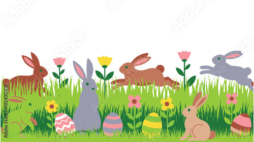 A colorful Easter scene with bunnies and eggs in a grassy field
