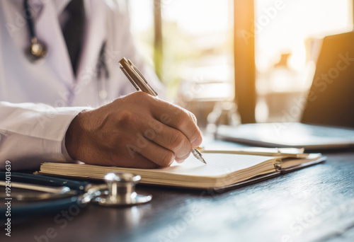 Close up, doctor working on laptop computer with digital tablet on office table. Female doctor searching the patient health information, using laptop and tablet. healthcare and medicine concept