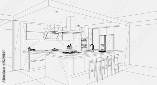 Modern Kitchen Design Blueprint Sketch.